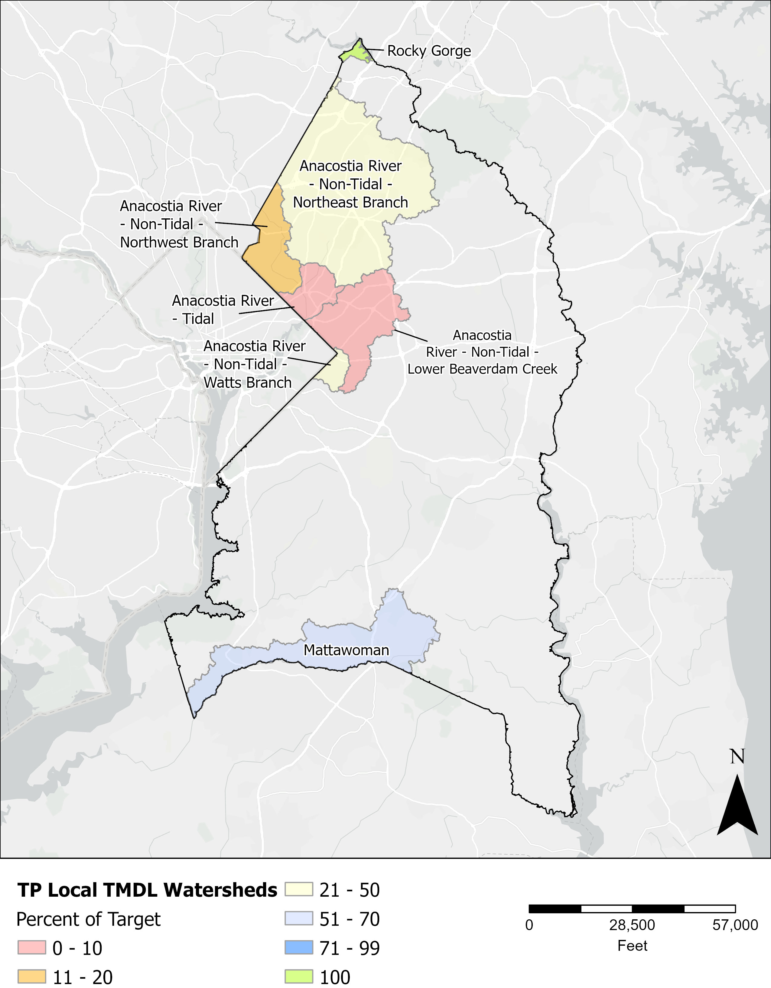 Figure 4. Percent of TP target achieved for the local TMDLs by watershed.
