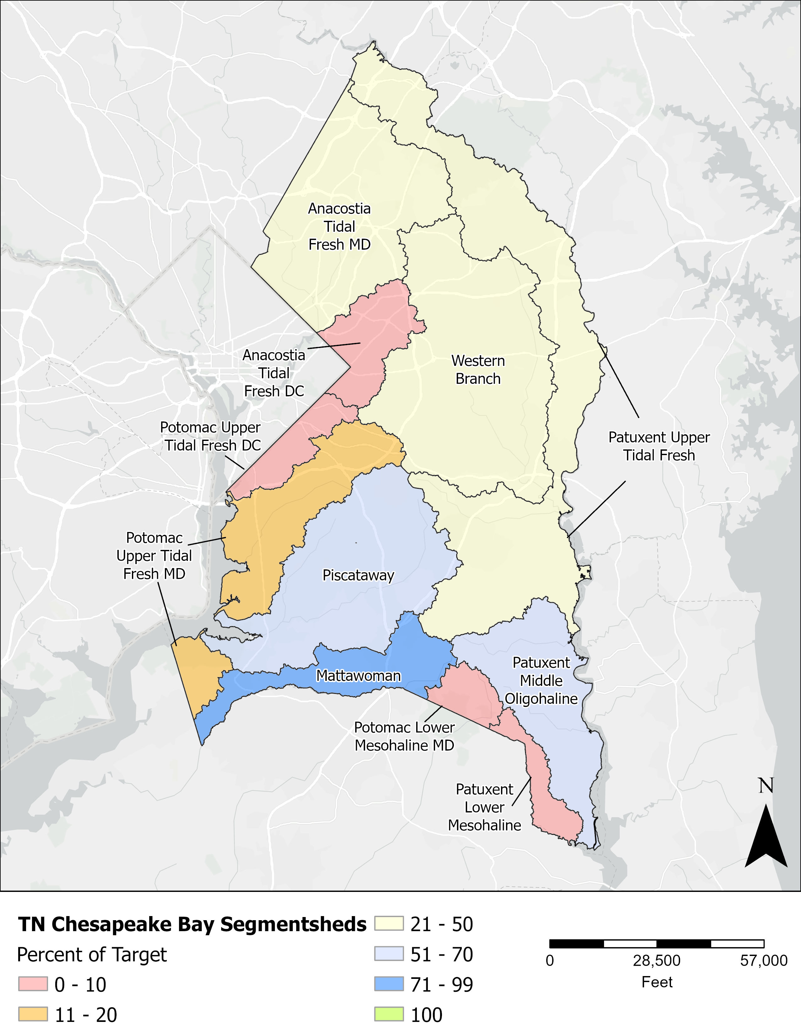 Figure 1. Percent of TN target achieved for the Chesapeake Bay TMDLs by segmentshed.